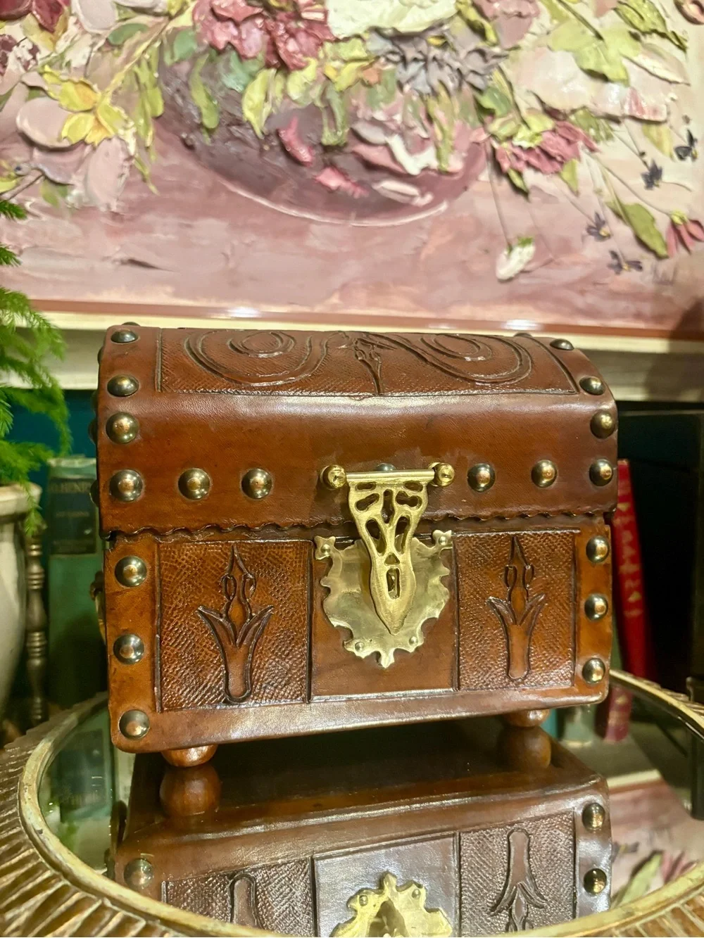 Vintage Brown Leather Jewelry Trunk with Brass Hardware